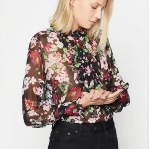 EQUIPMENT Samine 100% Silk Ruffle Blouse Floral Symphony Georgette - Picture 1 of 8